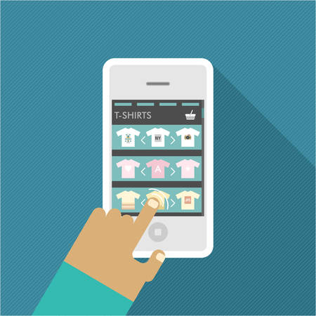 Hand hold smart phone buy t-shirt on line shopping flat design vector illustrationのイラスト素材
