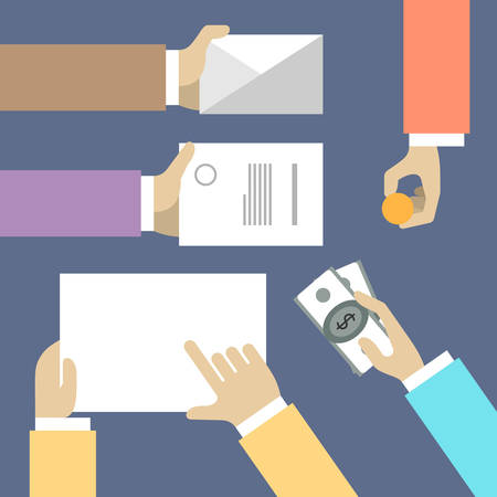 Business workplace with people hands, papers and money on table. Flat design vector illustration.のイラスト素材