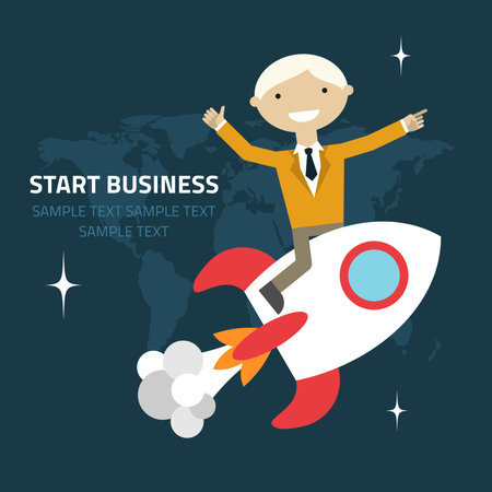 Flat design vector illustration of a businessman sitting on a rocket pointing and showing directionsのイラスト素材