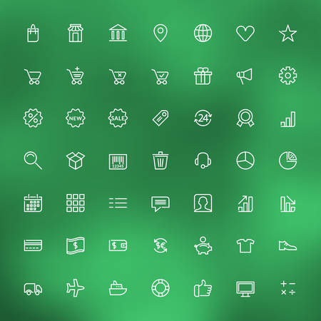 Thin line shopping and business icons set for web and mobile apps. White icons on the blurred green background. Money, bank, market, shopping, sale, deliveryのイラスト素材