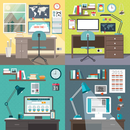 Set of vector illustrations in flat design style. Modern home or business work spaceのイラスト素材