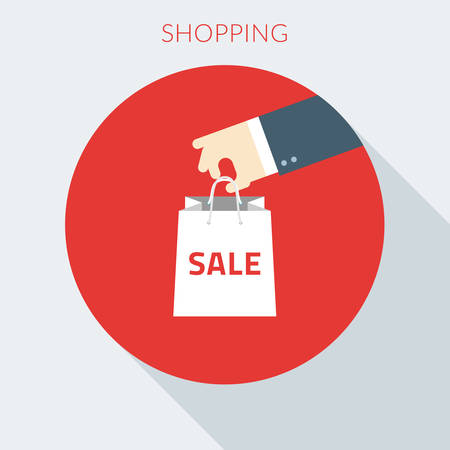 Shopping concept. hand holding paper bag vector illustration in flat design styleのイラスト素材