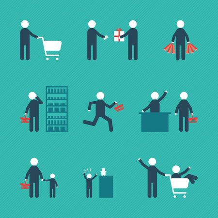 Concept people shopping with object, bags, basket, gift box vector flat icon designのイラスト素材