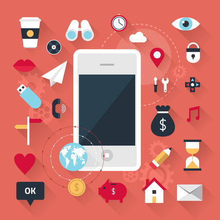 Smartphone with icons. Mobile concept  in flat design styleのイラスト素材