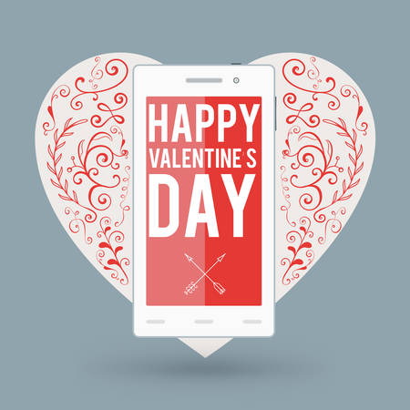 Smartphone with Happy Valentine's day and big heart with handdrawn design elementsのイラスト素材