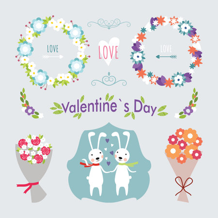 Valentine's Day hand drawn set vintage style vector design elementsのイラスト素材