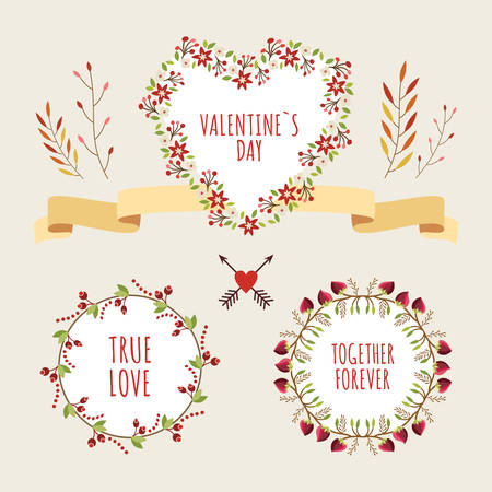 Valentine's Day hand drawn set vintage style vector design elementsのイラスト素材