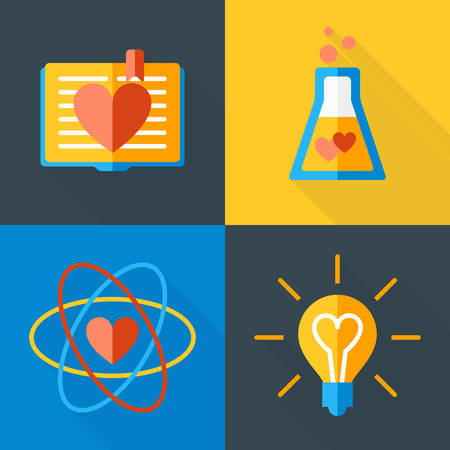 Vector St. Valentine's day greeting card in flat style. Set of love science icons. Book, flask, atom and bulbのイラスト素材