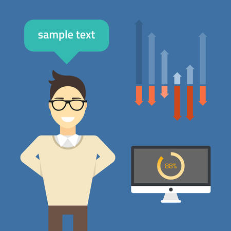 Flat vector illustration. Young businessman with presentation graphsのイラスト素材