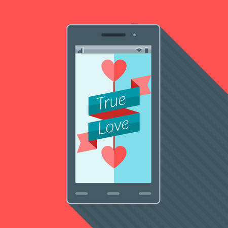 Vector St. Valentine's day greeting card in flat style. Typography elements. Heart icon on the smartphone's displayのイラスト素材