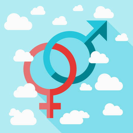 Vector St. Valentine's day greeting card in flat style. Gender symbols in the sky with cloudsのイラスト素材