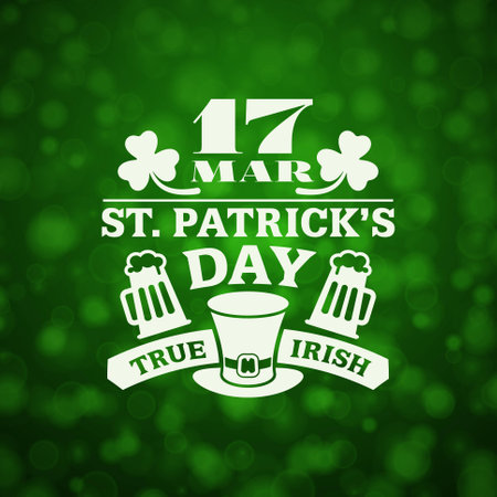 St. Patricks Day vintage holiday badge design. Vector design greetings card or poster with blurred green backdrop. Text is outlinedのイラスト素材