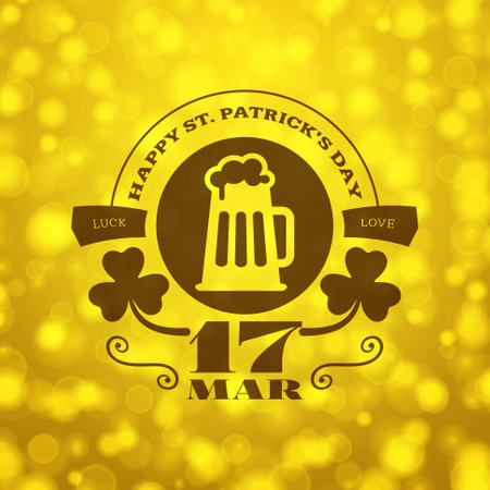 St. Patricks Day vintage holiday badge design. Vector design greetings card or poster with blurred gold backdrop. Text is outlinedのイラスト素材