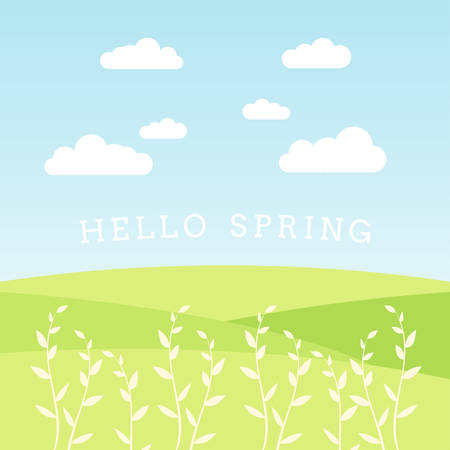 Spring holiday background. Sky with sun and clouds. Vector design greetings card or posterのイラスト素材