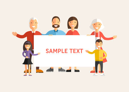 Happy Family Holding A Banner Flat Design Vector Illustration