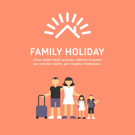 Happy Family Travel. Parents with Children. Father, Mother, Son and Daughter with Bagsのイラスト素材
