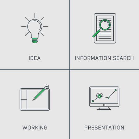 Set of Modern Vector Thin Line Icons. Idea, Information Research, Working, Presentationのイラスト素材