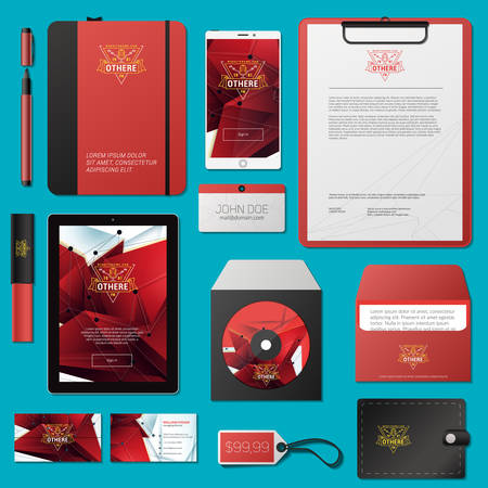 Red Vector Corporate Identity Template Design with Thin Line Logotype and Abstract Polygonal Backgroundのイラスト素材