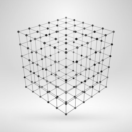 Wireframe polygonal element. 3D cube with lines and dotsのイラスト素材