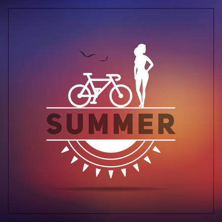 Retro summer vintage label on colorful background. Tropical paradise, beach vacation, adventure and travelのイラスト素材