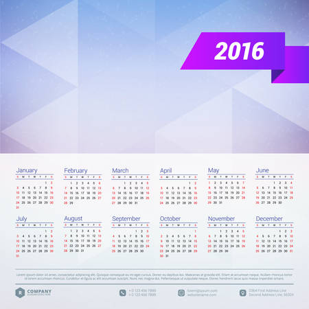 Calendar 2016 Vector Design Template. Week Starts Sundayのイラスト素材