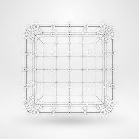 3D Cube with Lines and Dots. Vector Wireframe Polygonal Elementのイラスト素材