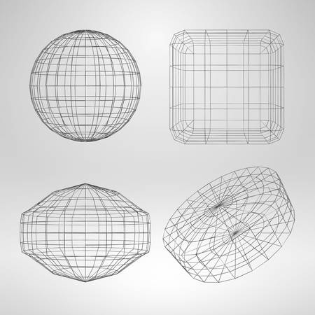Set of 3D Geometric Objects with Thin Linesのイラスト素材