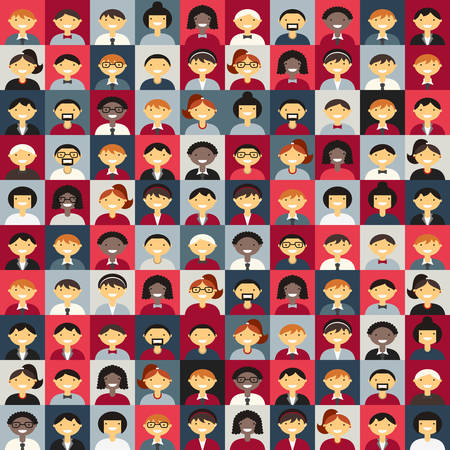 Flat Design Vector Background. Different People Character, Female, Male. Red and Gray Colorsのイラスト素材