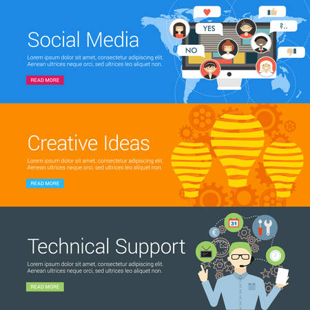 Flat Design Concept. Set of Vector Illustrations for Web Banners. Social Media, Creative Ideas, Technical Supportのイラスト素材