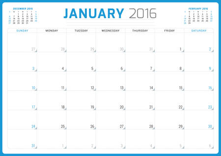 Calendar Planner 2016. Vector Design Template. January. Week Starts Sundayのイラスト素材
