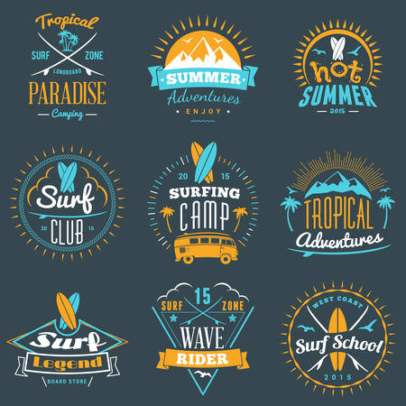 Summer Holidays Design Elements. Set of Hipster Vintage  Badges in Three Colors on Dark Backgroundのイラスト素材