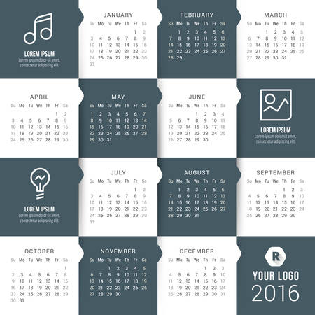 Vector Calendar Template. Calendar 2016. Week Starts Sundayのイラスト素材