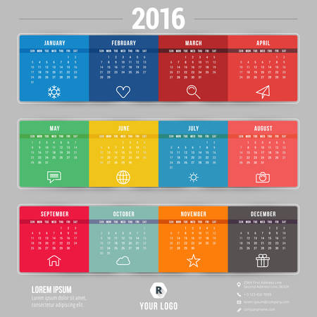 Vector Calendar Template. Calendar 2016. Week Starts Sundayのイラスト素材