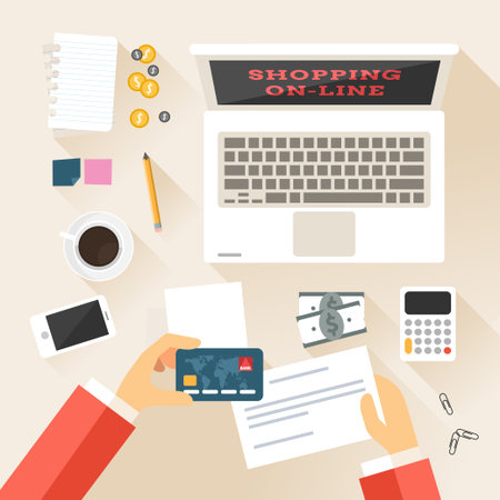 Shopping in Online Store. Top View. Flat Design Vector Illustrationのイラスト素材