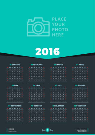 Calendar 2016 Vector Design Template. Week Starts Sundayのイラスト素材