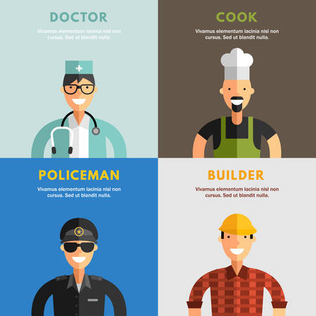 Set of Flat Design Vector Illustrations of Professional People Characters. Doctor, Cook, Policeman, Builderのイラスト素材