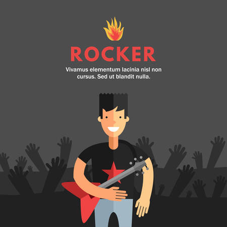 Rock Musician Playing Electrical Guitar. Flat Design Concepts for Web Banners and Promotional Materialsのイラスト素材