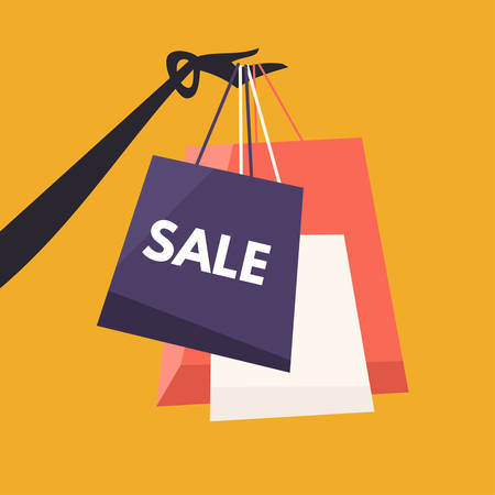Womans Hand with Bags on Yellow Background. Shopping and Sale. Flat Design Vector Illustrationのイラスト素材
