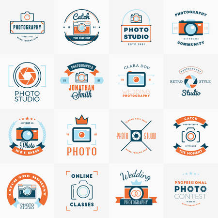 Vector Set of Photography Logo Design Templates. Photography Retro Vintage Badges and Labels.  Wedding Photography. Photo Studio. Camera Shop. Photography Communityのイラスト素材