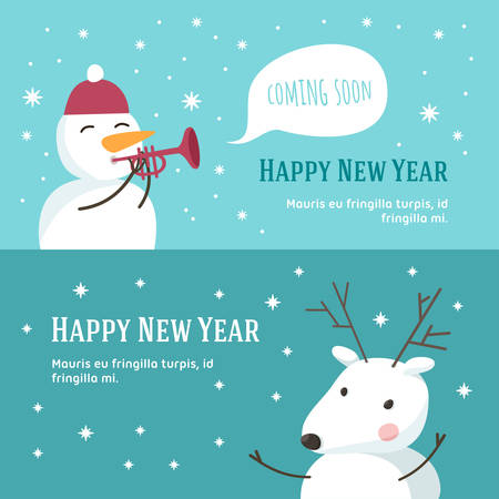 Christmas and New Year Cute Hand Drawn Vector Decorative Design Elements with Cartoon Characters. Vector Template for Greeting Postcard or Promotional Web Bannerのイラスト素材