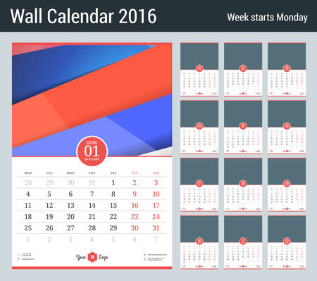 Wall Calendar for 2016 Year. Vector Stationery Design Template with Place for Photo. Week Starts Monday. 12 Monthsのイラスト素材