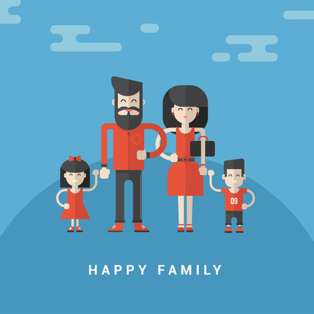 Flat Style Vector Illustration. Happy Family. Parents with Son and Daughter in Red Clothes on Blue Backgroundのイラスト素材