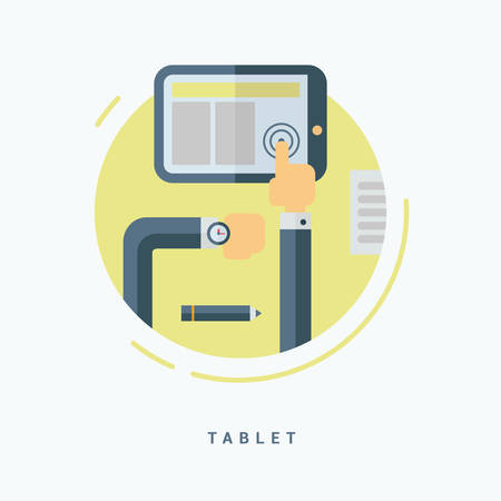 Flat Style Vector Illustration. Tablet PC Concept. Man Working with Tabletのイラスト素材