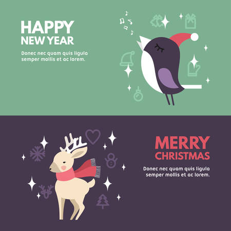 Christmas and New Year Cute Hand Drawn Vector Decorative Design Elements with Cartoon Characters. Vector Template for Greeting Postcard or Promotional Web Bannerのイラスト素材