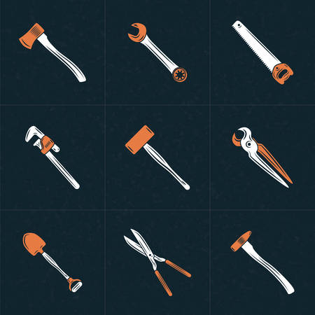 Set of Vector Retro Design Elements    . Tools. Hacksaw, Adjustable Wrench, Hammer, Shovel, Scissors, Pliers, Ax, Wrench. Vector Illustration with White and Orange Elements on Dark Textured Backgroundのイラスト素材