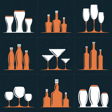 Set of Vector Retro Design Elements    . Wine Glasses and Bottles. Vector Illustration with White and Orange Elements on Dark Textured Backgroundのイラスト素材