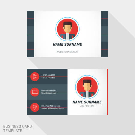Creative and Clean Business Card Template in Red and Black Colors with Flat Style Avatar or Place for Photo. Flat Style Vector Illustrationのイラスト素材