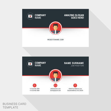 Creative and Clean Business Card Template in Red and Black Colors with Flat Style Avatar or Place for Photo. Flat Style Vector Illustrationのイラスト素材