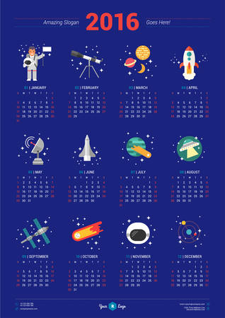 Calendar for 2016 Year with Space Icons and Illustrations on Blue Background. Vector Design Print Template. Week Starts Sundayのイラスト素材