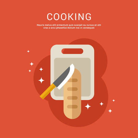 Cooking Concept. Vector Illustration in Flat Design Style for Web Banners or Promotional Materials. Knife and Bread on a Boardのイラスト素材